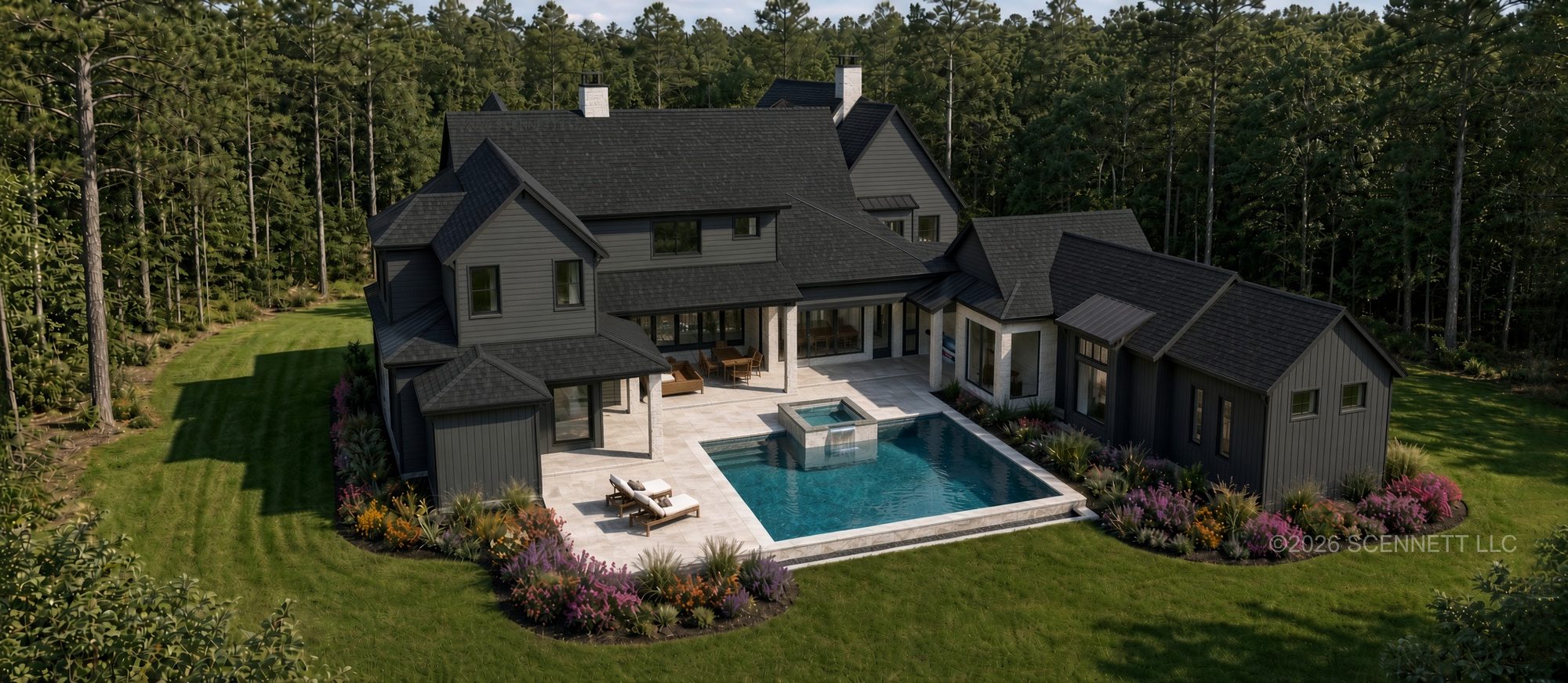 Architectural rendering of the High Meadow West rear exterior with pool, spa, and covered outdoor living